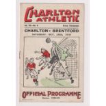 Football programme, Charlton v Brentford 29 Oct 1938 Division 1 (vg)