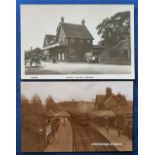 Postcards, Sussex, 2 railway station RP's, Horsham Road Station Interior with train in station and