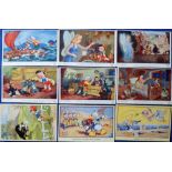 Postcards, Walt Disney, a collection of 9 artist-drawn cards inc. Pinocchio, Donald Duck, etc (gd)