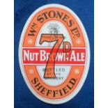 Beer label, Wm Stones, Sheffield 7d Nut Brown Ale, vertical oval 100m high (gd) (1)
