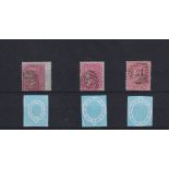 Stamps, GB QV surface printed 4d, 3 copies, 1 wing marginal with small garter watermark, 1 with