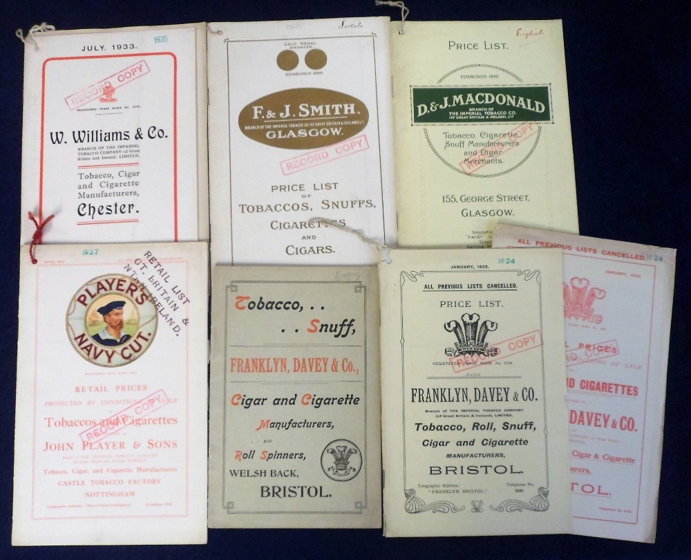 Tobacco advertising, a collection of 6 company price leaflets, Franklyn, Davey & Co, 1899 and