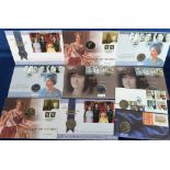 Stamps, collection of 10 GB Commemorative Five Pound Coins on Royal Mint/Royal Mail Philatelic