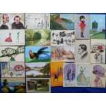 Postcards, a collection of 21 original art cards mostly in water colour inc. glamour, views, comic