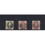 Stamps, GB QV embossed set of 3, cut square, each with 4 good to large margins, good to fine used.