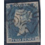 Stamps GB QV 2d blue, HB, imperf 3 1/2 margins with a black MC cancel. SG5 cat £975