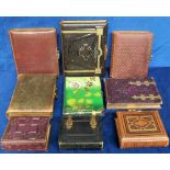 Victorian Photograph Albums, 9 empty decorative leather albums, one with Art Nouveau decorated cover