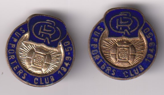 Football badges, two 1949 QPR Supporters Club enamel badges, pin backs, with impressed name David S.