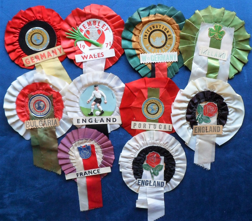 Football rosettes, a collection of ten 1960'/70's International rosettes inc. England (x3, two