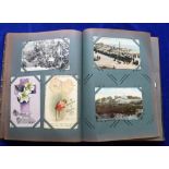 Postcards, a vintage album containing approx. 170 cards inc. Greetings, UK topographical etc,