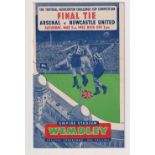 Football programme, Arsenal v Newcastle FAC Final 1952, (score noted on line-up page & staples