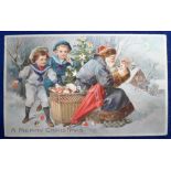 Postcard, a fine scarce Santa hold-to-light showing 2 children looking into Santa's box of toys
