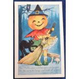 Postcard, a scarce Halloween illustrated card showing a pumpkin doll/witch with broom, stroppy black