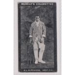 Cigarette card, Murray's, Cricketers, Series 'H; (Black front), type card, K.L. Hutchings, Kent (