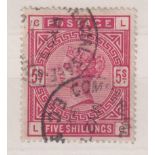 Stamps, GB QV 5/- crimson used SG181 cat £250