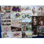 Postcards, a collection to include children, beautiful girls, embossed, greetings, silks (2), views,