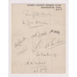 Autographs, Cricket, Surrey C.C.C., sheet of printed stationery from Surrey County Cricket Club