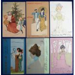 Postcards, Raphael Kirchner, Santa with Tree E.13-2, Purple Series G.9-7, Mikado IV, Girl's Head D.