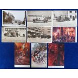 Postcards, Fire Fighting, 9 cards inc. 4 artist-drawn coloured cards also sepia images inc. London