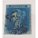 Stamps GB QV 2d blue, HG, imperf 3 1/2 margins with a black MC cancel. SG14e cat £275