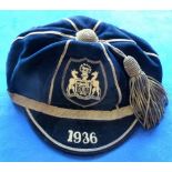 Sporting Cap, black velvet cap with gold-style braid and badge dated 1936 to peak with braided