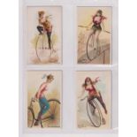 Cigarette cards, USA, Gail & Ax, Bicycle & Trick Riders, 'X' size, 4 cards, Leg over handle,