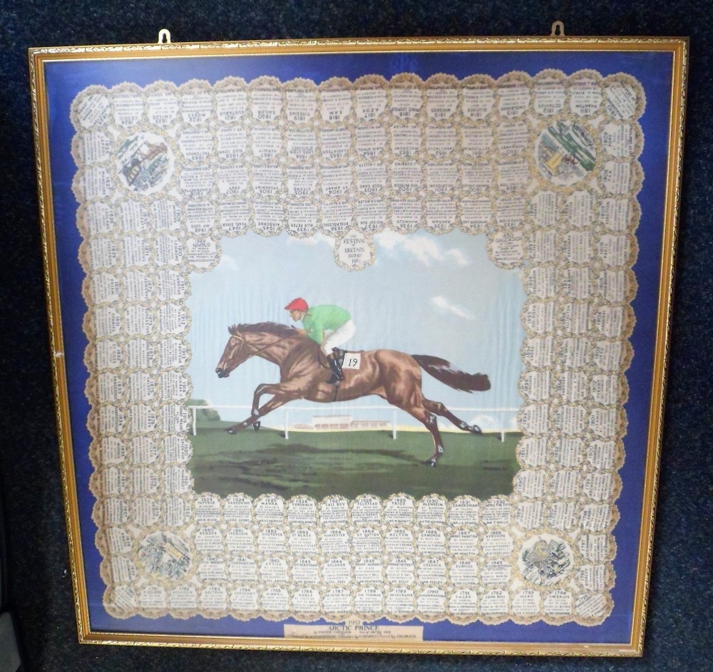 Horse Racing, a framed silk scarf celebrating the 1951 Festival of Britain Derby won by Arctic