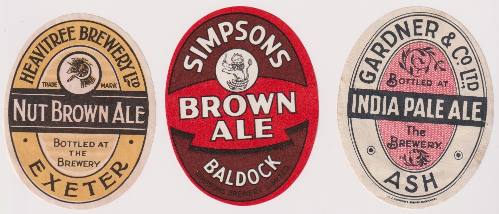 Beer labels, 3 vertical oval labels, Simpsons, Baldock, Brown Ale, Heavitree Brewery Ltd, Exeter,