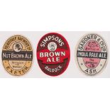 Beer labels, 3 vertical oval labels, Simpsons, Baldock, Brown Ale, Heavitree Brewery Ltd, Exeter,