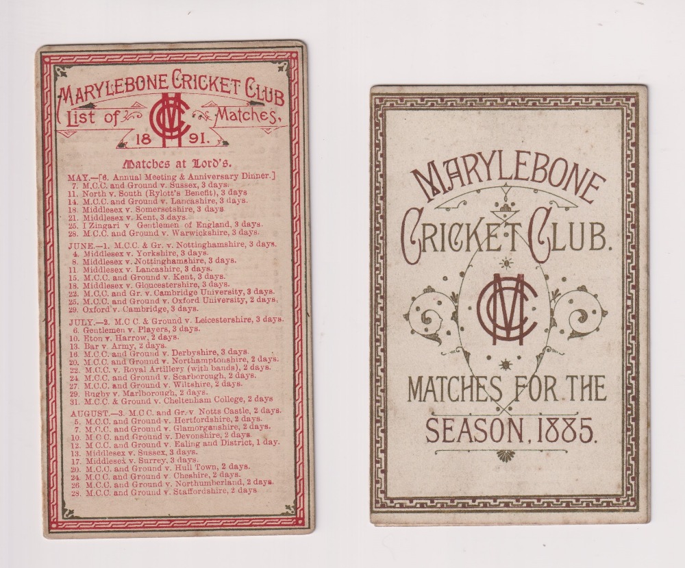 Cricket, Marylebone Cricket Club, (MCC) a fold out fixture card for 1885 (split along spine)