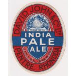 Beer label, David John & Co Ltd, Pentre, Rhondda, India Pale Ale, with beehive trade make,