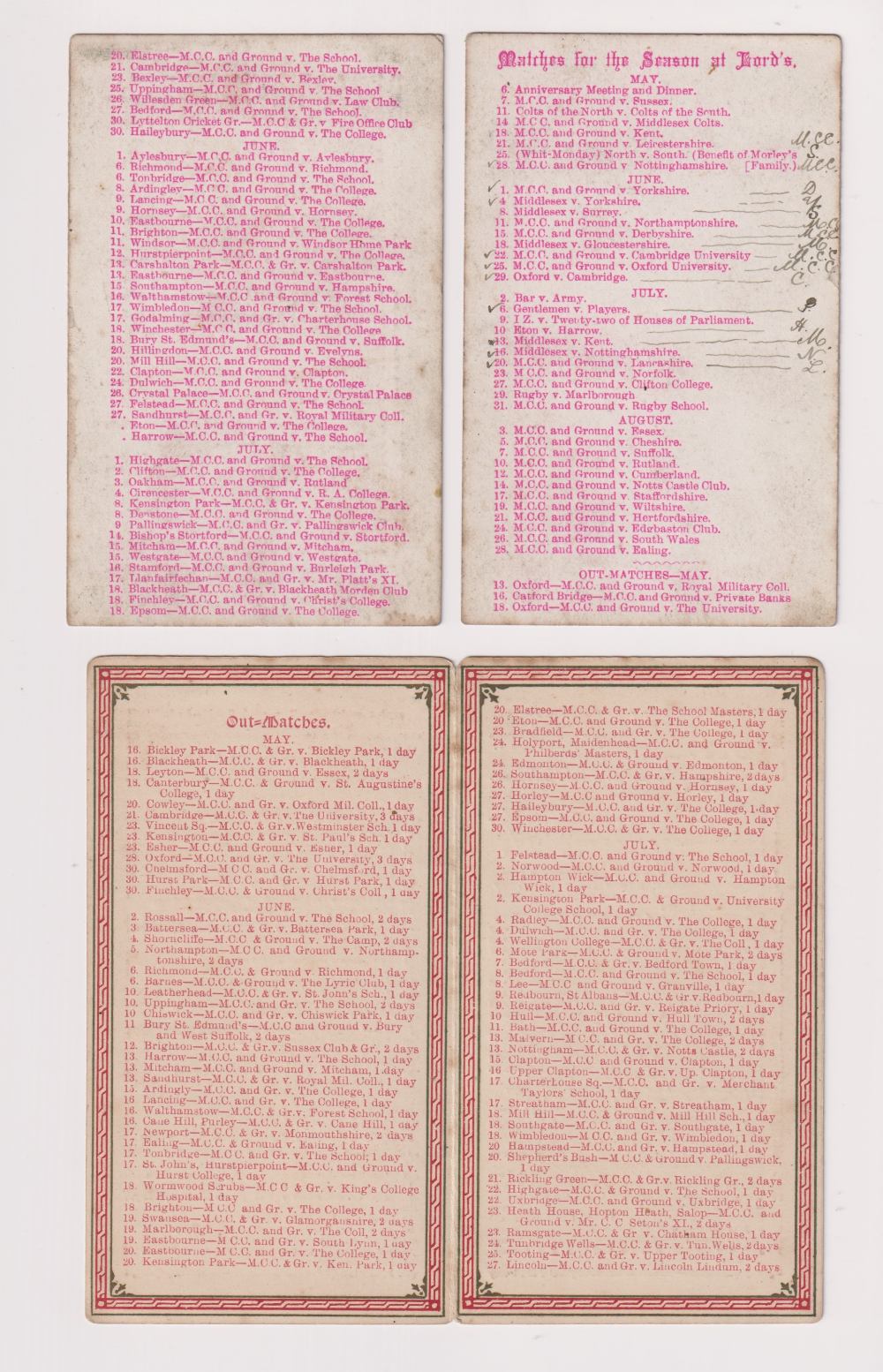 Cricket, Marylebone Cricket Club, (MCC) a fold out fixture card for 1885 (split along spine) - Image 2 of 3