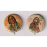 Celluloid Buttons, USA, American Pepsin Gum, Indian Chiefs, two buttons, Sitting Bull (toned) & Lean