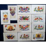 Postcards, silks, a selection of 12 WW1 period embroidered silks, mainly military & European place
