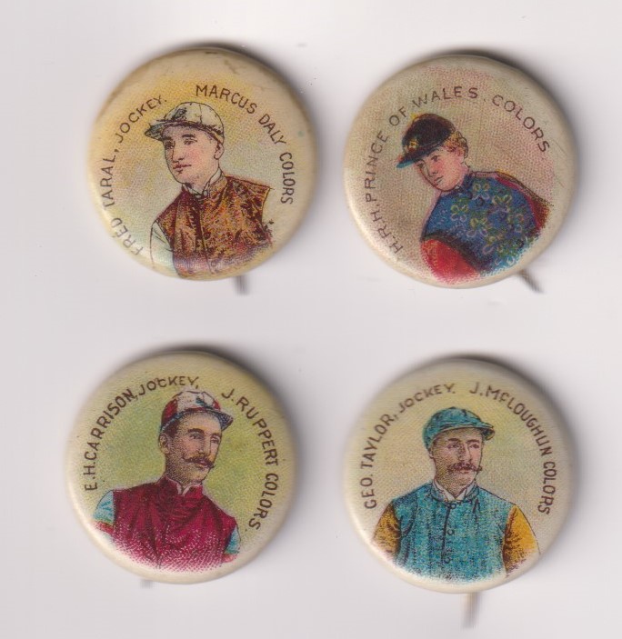 Celluloid Buttons, USA, ATC, Jockeys, 4 buttons, Fred Caral, E,H, Carrison, Geo. Taylor & H.R.H.