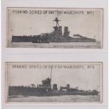 Trade cards, Canada, Perrin's, Series of British Warships, two cards, nos 1 & 5, large cards approx.