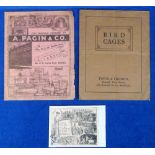 Ephemera, to comprise 3 price lists circa 1900 A. Fagin & Co. Liverpool, Finch & Godwin Bird Cages