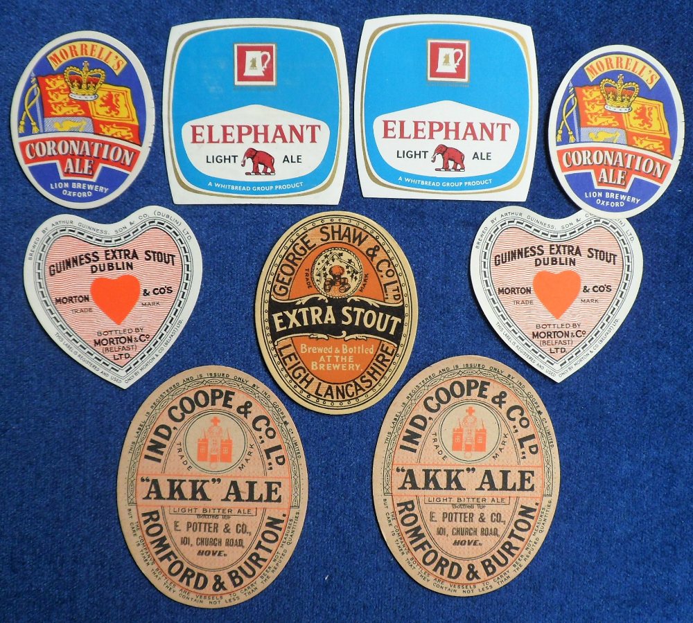 Beer labels, a selection of 9 UK labels including George Shaw, Leigh, Extra Stout (vertical
