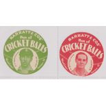 Trade cards, Barratt's, Cricketers (Cricket Balls), circular, two cards, S.G. Sandham Surrey (green)