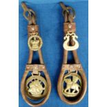 Heavy Horse Harness, 2 vintage leather cruppers each with 2 horse brasses (gd) (2)