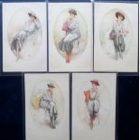 Postcards, Glamour, a part set (5/6) of Art Deco glamour cards showing sitting pretty girls