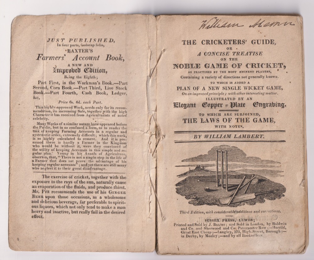 Cricket booklet, The Cricketers' Guide by William Lambert 3rd Edition 1816/17 paperback edition