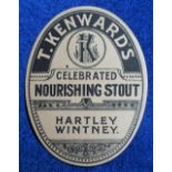 Beer label, T Kenward's, Hartley Wintney, Celebrated Nourishing Stout, vertical oval, 88mm high (