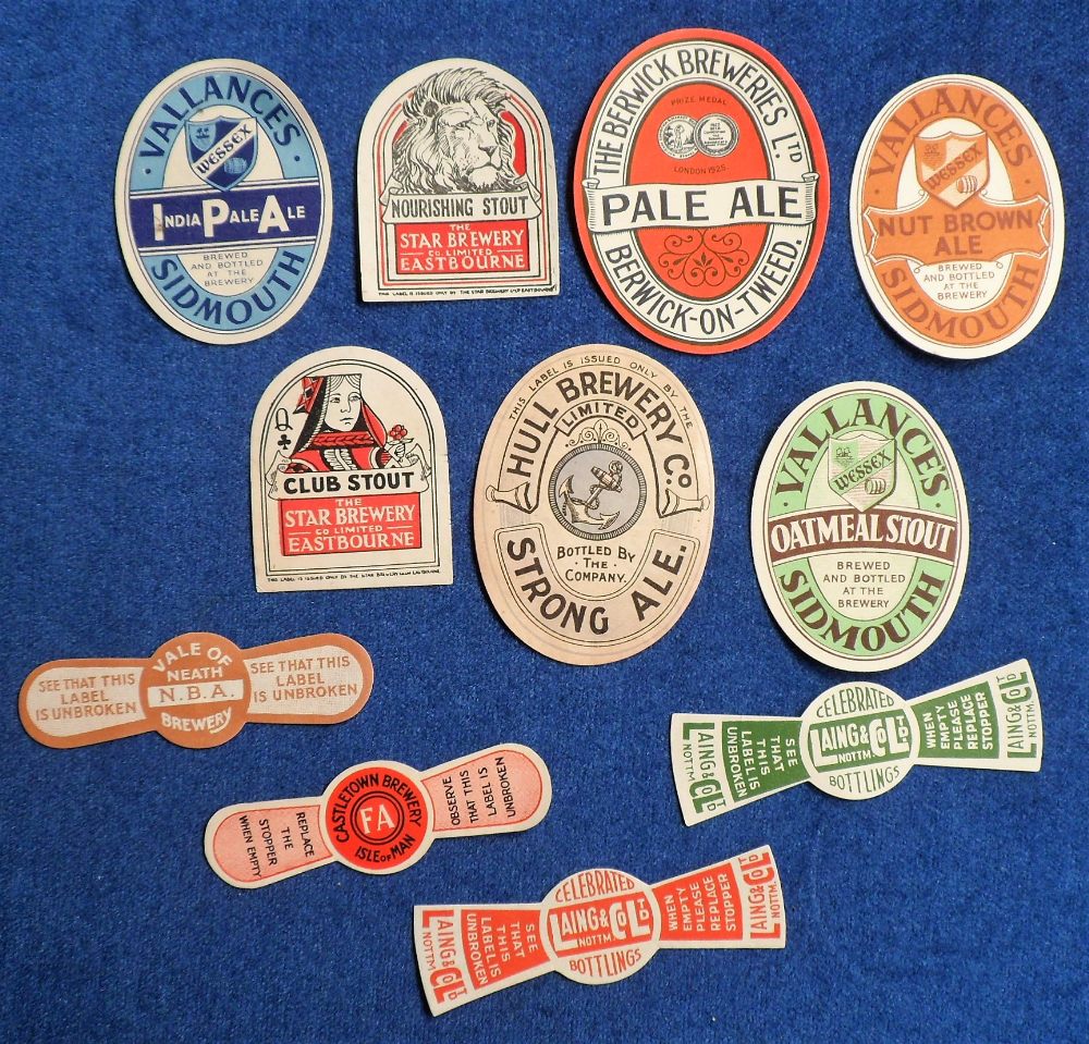 Beer labels, a group of 7 UK labels plus 4 stoppers including 2 from The Star Brewery