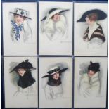 Postcards, Glamour, a set of six Art Deco glamour cards illustrated by Mauzan showing pretty