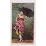 Advertising card, USA, Allen & Ginter, large card showing beauty in rain with umbrella, 'Compliments