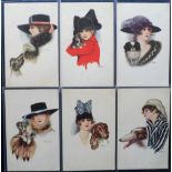 Postcards, Glamour, a set of six Art Deco glamour cards illustrated by Nanni, all cards depicting