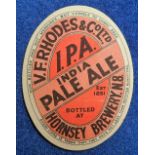 Beer label, V F Rhodes & Co Ltd, Hornsey Brewery N8, India Pale Ale, vertical oval, 84mm high, (