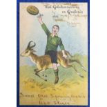 Postcard a scarce Rugby Union illustrated card of a South African Rugby player riding a Springbok