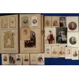 Postcards, a collection of Victorian cabinet cards (38) and carte de visites (34) in vintage album